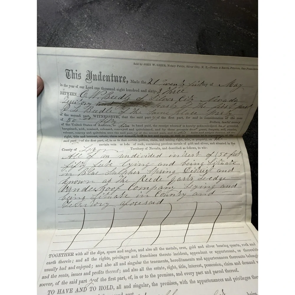 1863 Nevada Territory Mining Claim Deed Silver City Lyon County Notary Seal